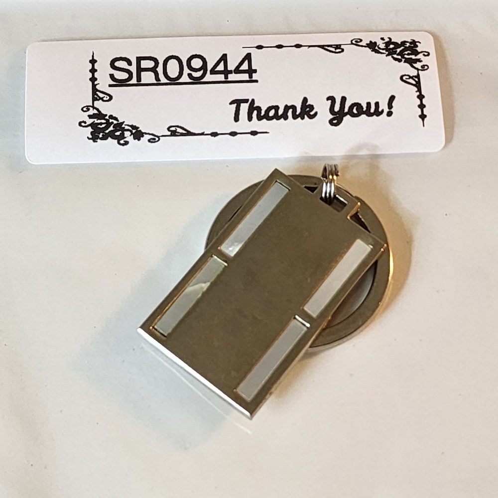 Iridescent Shell Inlay Silver Tone Rectangular Keychain Geometric Modernist Tag - Picture 7 of 7